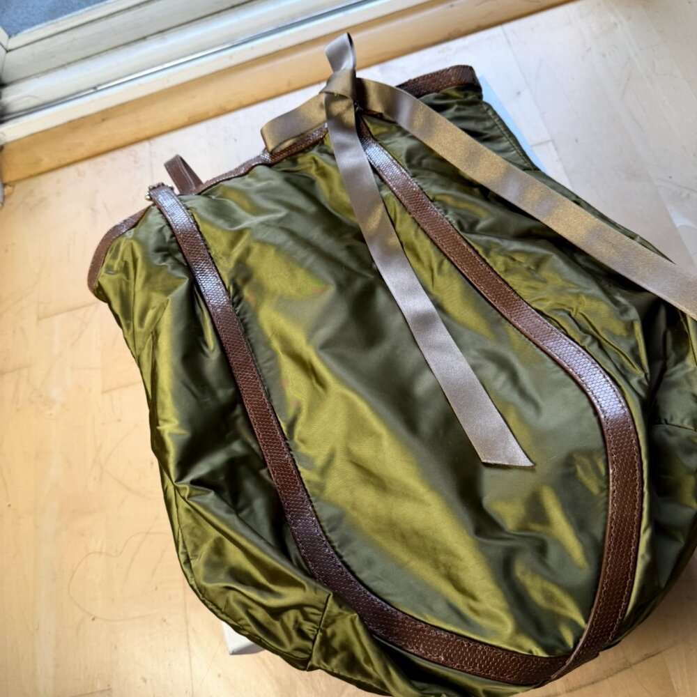 Henri Bendel (discontinued) Nylon Shoulder Bag – Olive Green with Leather Trim